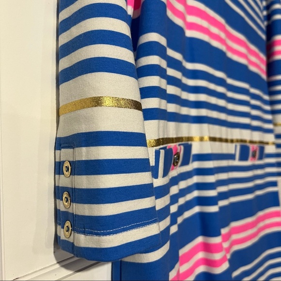 Lilly Pulitzer Lena Tiki Dress Striped Lapis Blue Pink White Gold Buttons Small - Picture 3 of 14